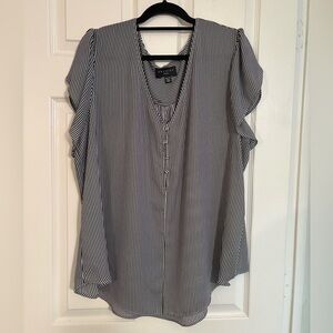 Premise Black and White Vertical Stripe V-Neck Blouse